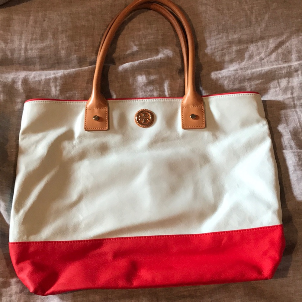 Red and light blue Tory Burch tote
